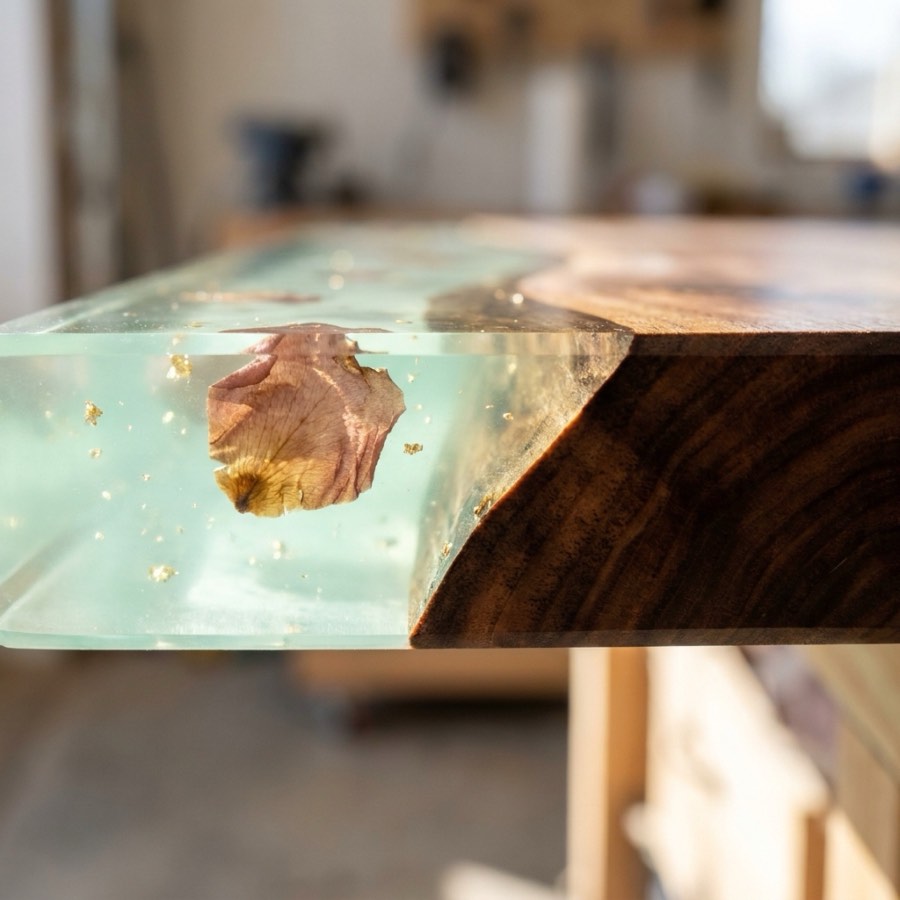 Close detail of a rose petal suspended inside clear green resin beside polished walnut.