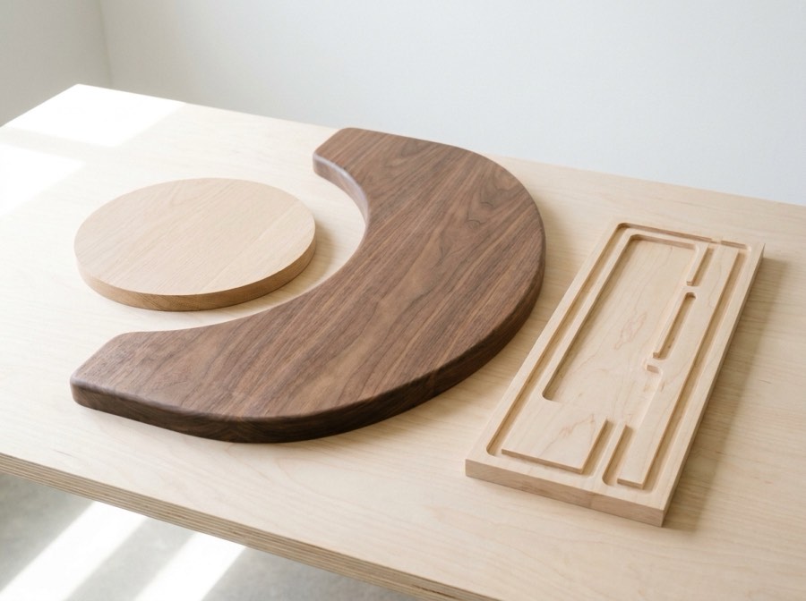A curved shelf, a disc and a routed panel.