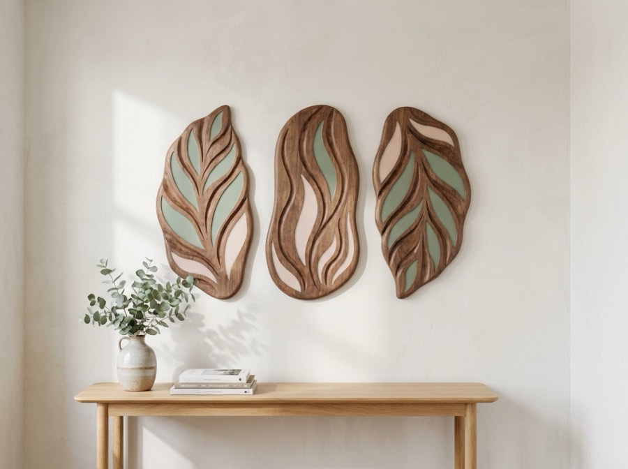 A set of three carved leaf panels on a pale wall.