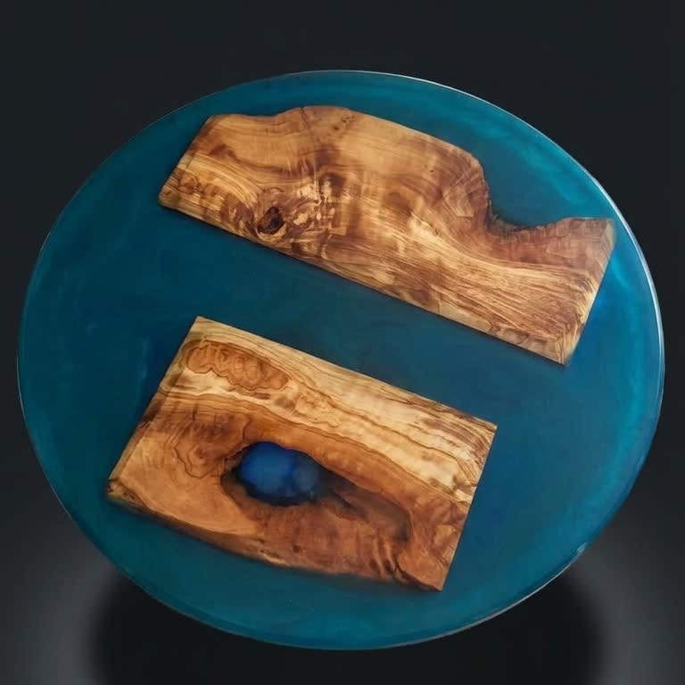 A round table top, deep teal resin with two live-edge olive slabs set into it and a knot filled with resin.
